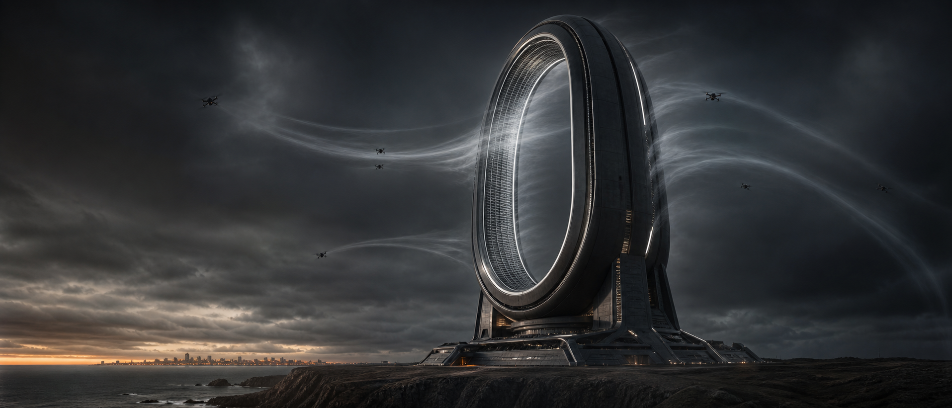 A colossal ring-shaped bladeless airflow tower redirecting drones on a stormy coast