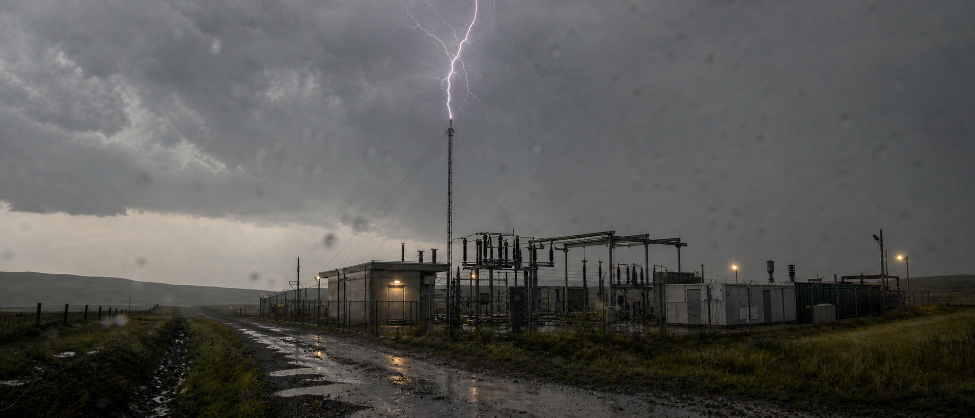 A realistic lightning research mast receiving a strike above a remote high-voltage storage facility