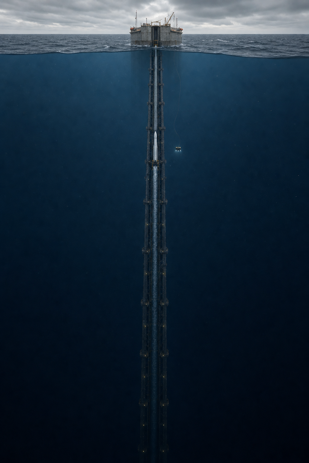 A sectional view of a rocket on a deep underwater pressure-launch track beneath an offshore caisson